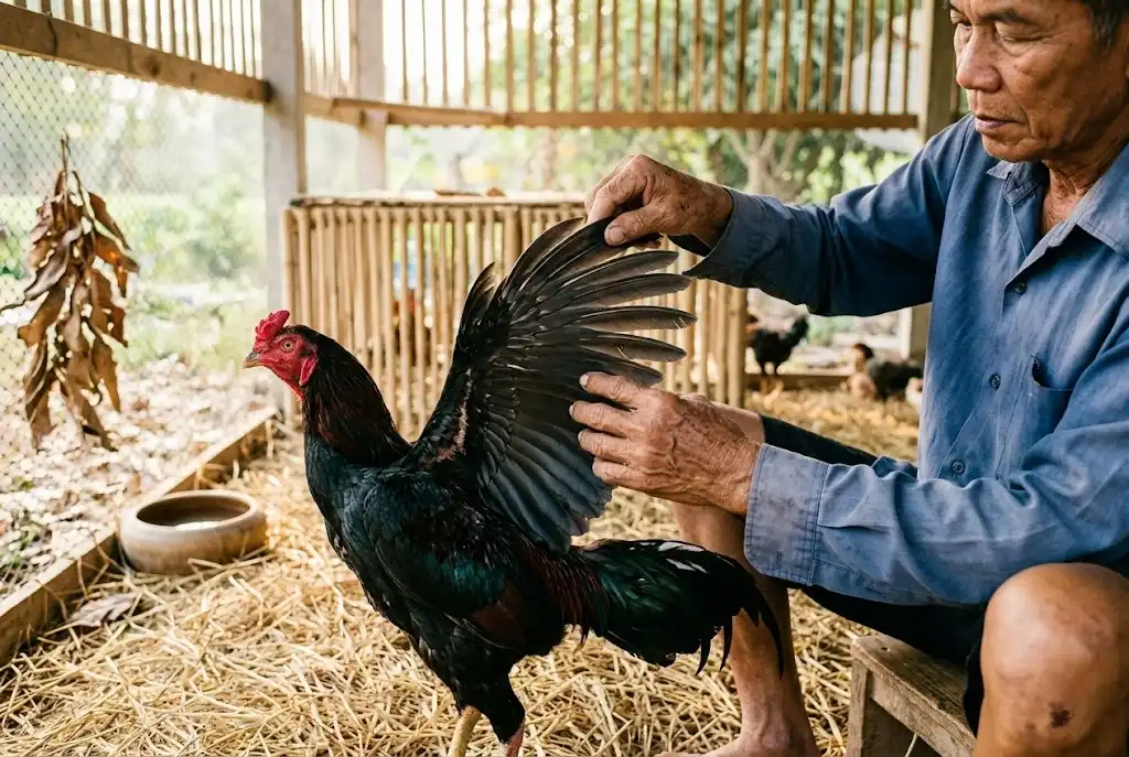 เจ้าของกำลังดูแลและตรวจขนปีกไก่ชนในช่วงเช้า
