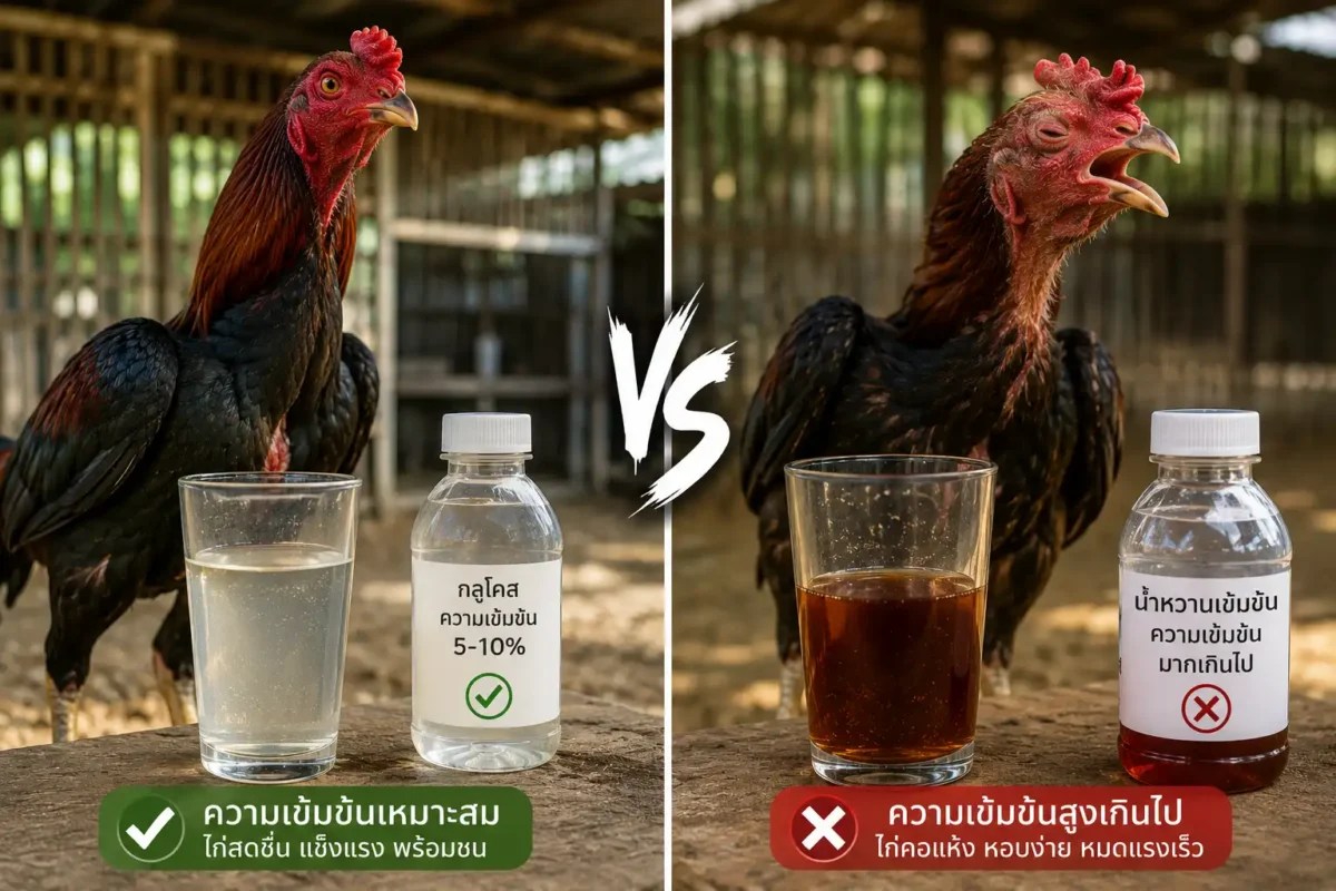 เปรียบเทียบความเข้มข้นกลูโคสที่เหมาะสมและเข้มเกินไปสำหรับไก่ชน