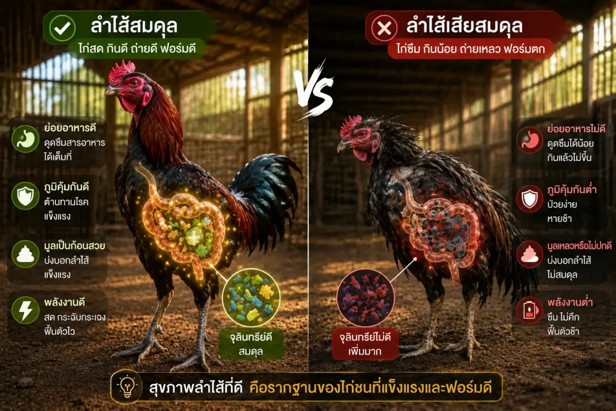 เปรียบเทียบไก่ชนลำไส้สมดุลกับไก่ลำไส้เสียสมดุล