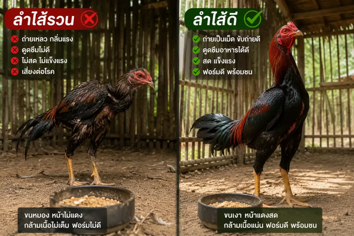 เปรียบเทียบไก่ชนลำไส้ดีและลำไส้รวนส่งผลต่อความสมบูรณ์ของร่างกาย