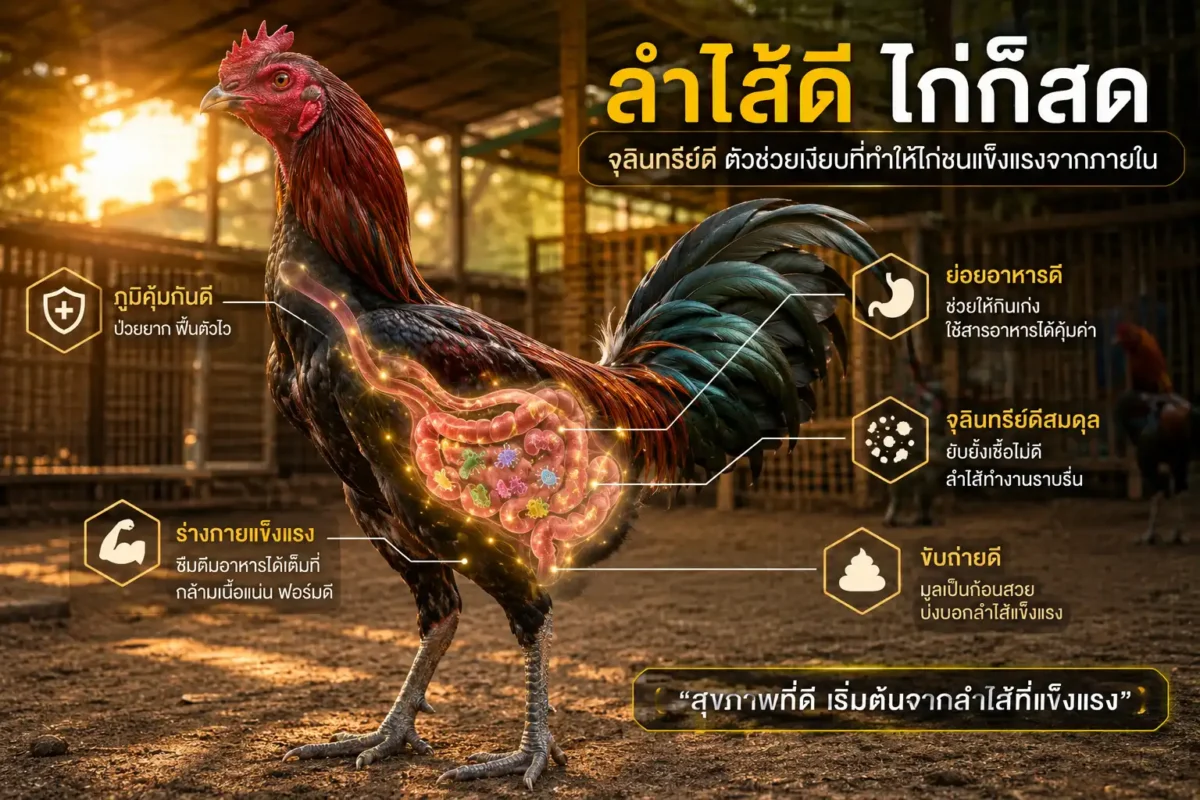 ไก่ชนสุขภาพดีแสดงลำไส้และจุลินทรีย์ดีภายในร่างกาย