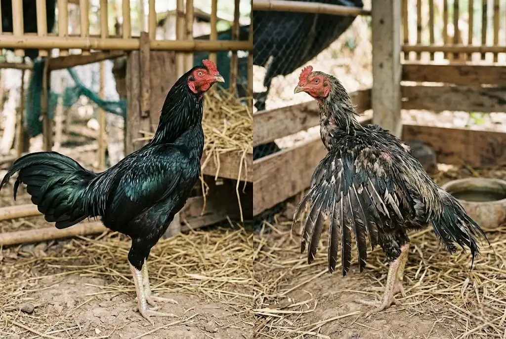 เปรียบเทียบขนปีกไก่ชนที่สมบูรณ์กับขนปีกที่เสียและแตกหัก