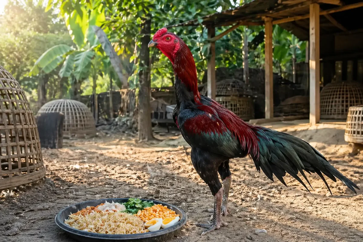 ไก่ชนสมบูรณ์ยืนข้างถาดอาหารพลังงานสูงในเล้าไก่พื้นบ้าน
