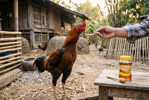 ไก่ชนกำลังกินน้ำผึ้งเพื่อเสริมพลังงานตามภูมิปัญญาชาวไก่ชน