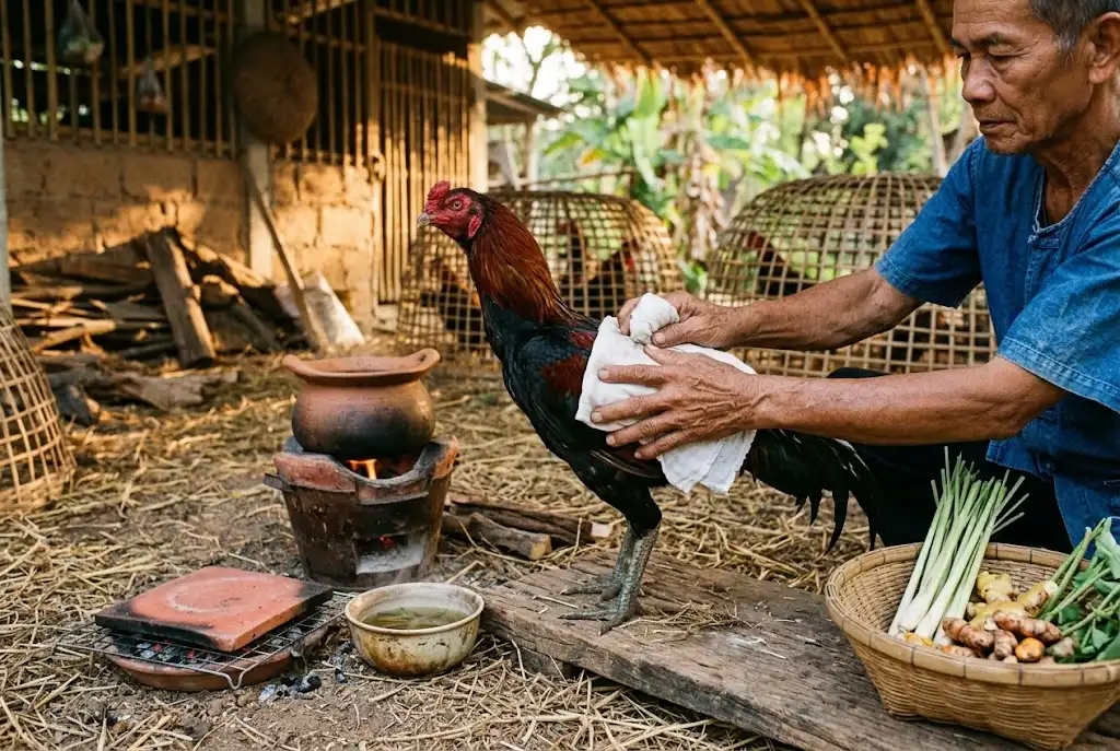 การประคบร้อนและนาบกระเบื้องไก่ชนร่วมกับสมุนไพรตะไคร้