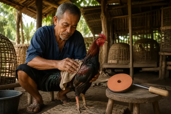 มือน้ำกำลังนาบกระเบื้องให้ไก่ชนด้วยผ้าอุ่นในซุ้มไก่ชนพื้นบ้าน