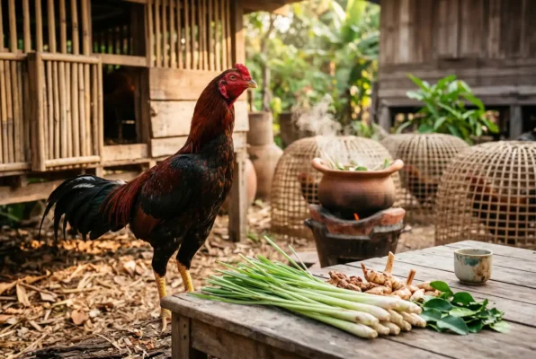 ตะไคร้สดกับไก่ชนในซุ้มไก่พื้นบ้าน ใช้สื่อถึงสมุนไพรคู่ซุ้มไก่ชน