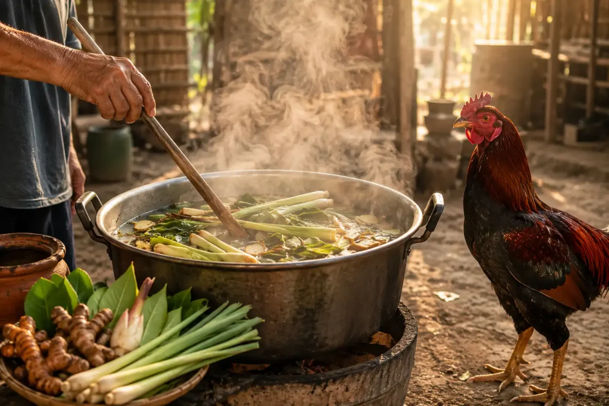 หม้อต้มสมุนไพรตะไคร้สำหรับอาบไก่ชนในซุ้มไก่พื้นบ้าน