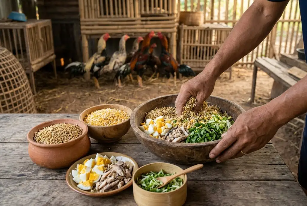 มือคนกำลังผสมอาหารสูตรพลังงานสูงสำหรับไก่ชนในกะละมังที่เล้าไก่พื้นบ้าน