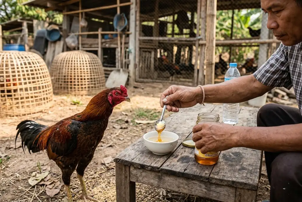 การผสมน้ำผึ้งกับน้ำก่อนให้ไก่ชนกินอย่างเหมาะสม