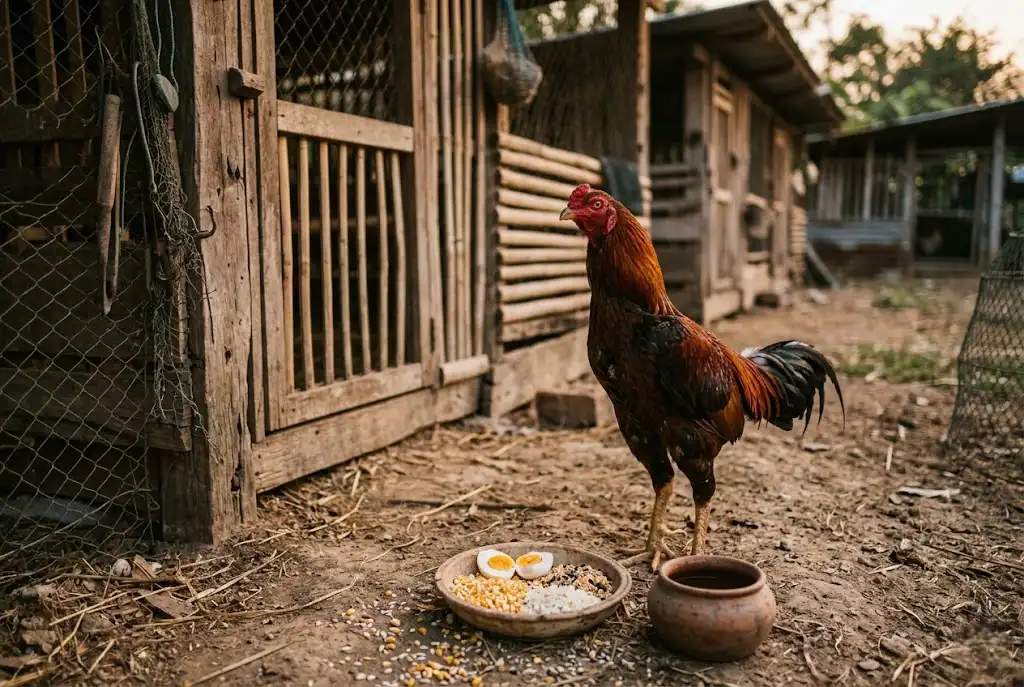 ไก่ชนพักหลังซ้อมพร้อมอาหารบำรุงและไข่ต้มในเล้าไก่พื้นบ้าน