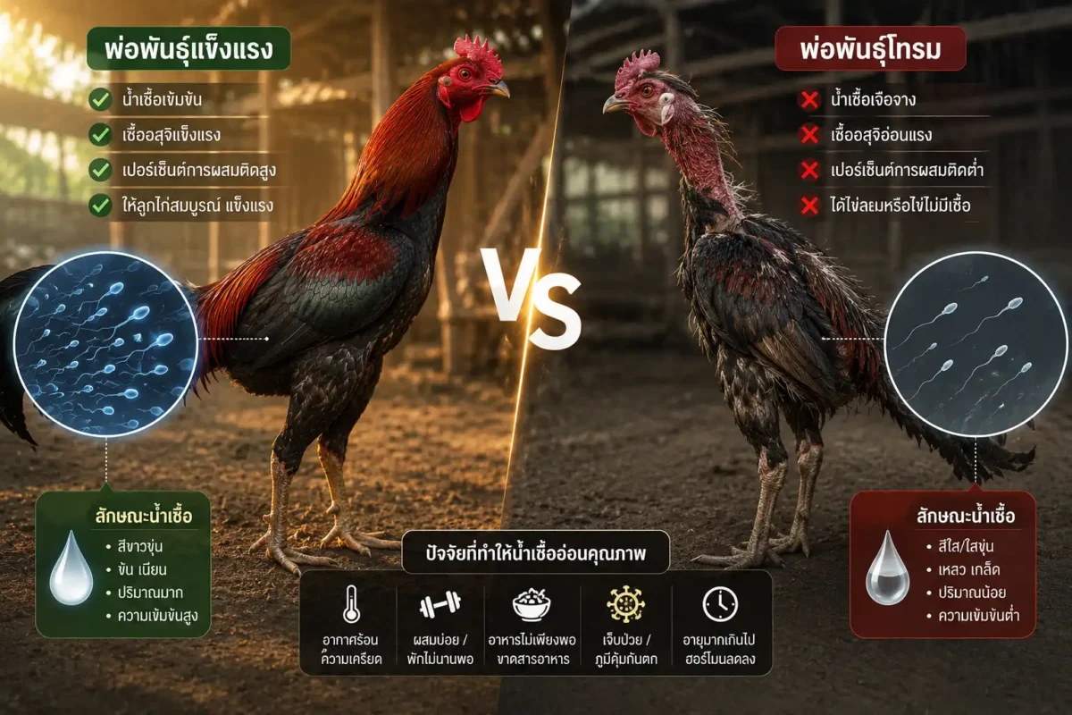 เปรียบเทียบพ่อพันธุ์ไก่ชนแข็งแรงกับพ่อพันธุ์ที่น้ำเชื้ออ่อน