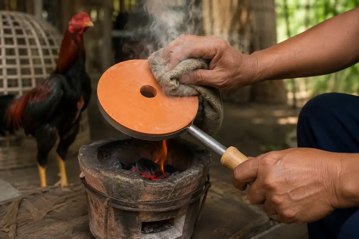มือคนกำลังถูผ้าเปียกบนกระเบื้องร้อนเพื่อเตรียมนาบไก่ชน