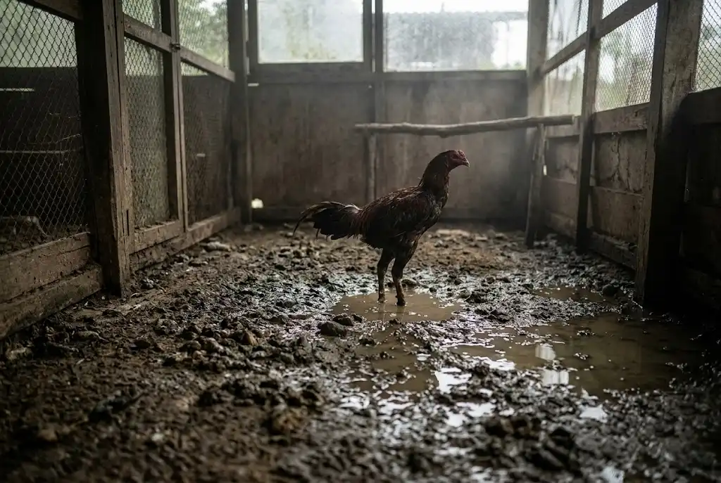 คอกไก่ชื้นสกปรก สาเหตุของหน่อไก่และฝ่าเท้าอักเสบ