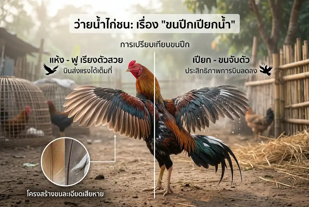 ภาพเปรียบเทียบขนปีกไก่ชนแบบแห้งและเปียกน้ำ