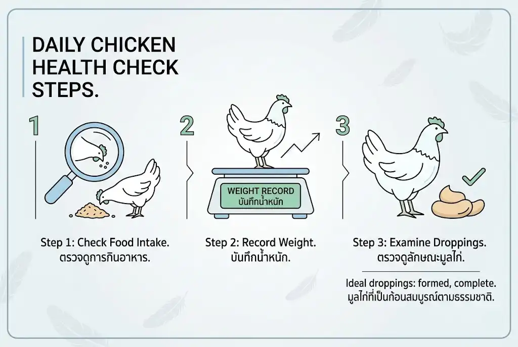 ขั้นตอนการตรวจเช็กสุขภาพและการขับถ่ายของไก่ชนประจำวัน