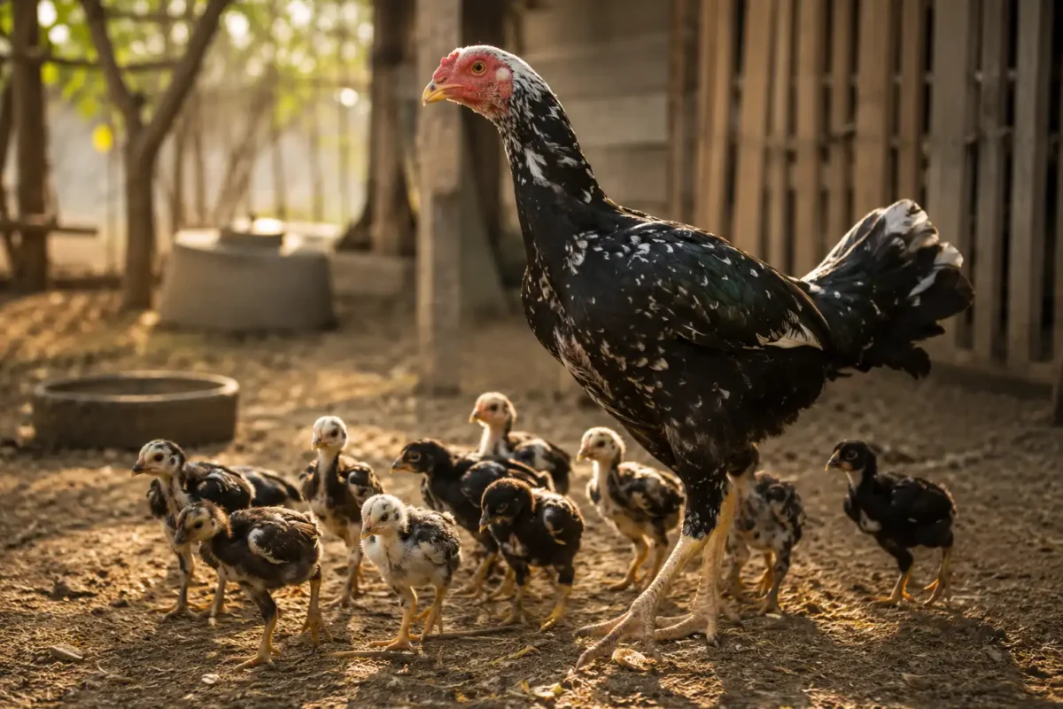 ลูกไก่ชนเดินตามแม่ไก่ในคอกพื้นบ้าน
