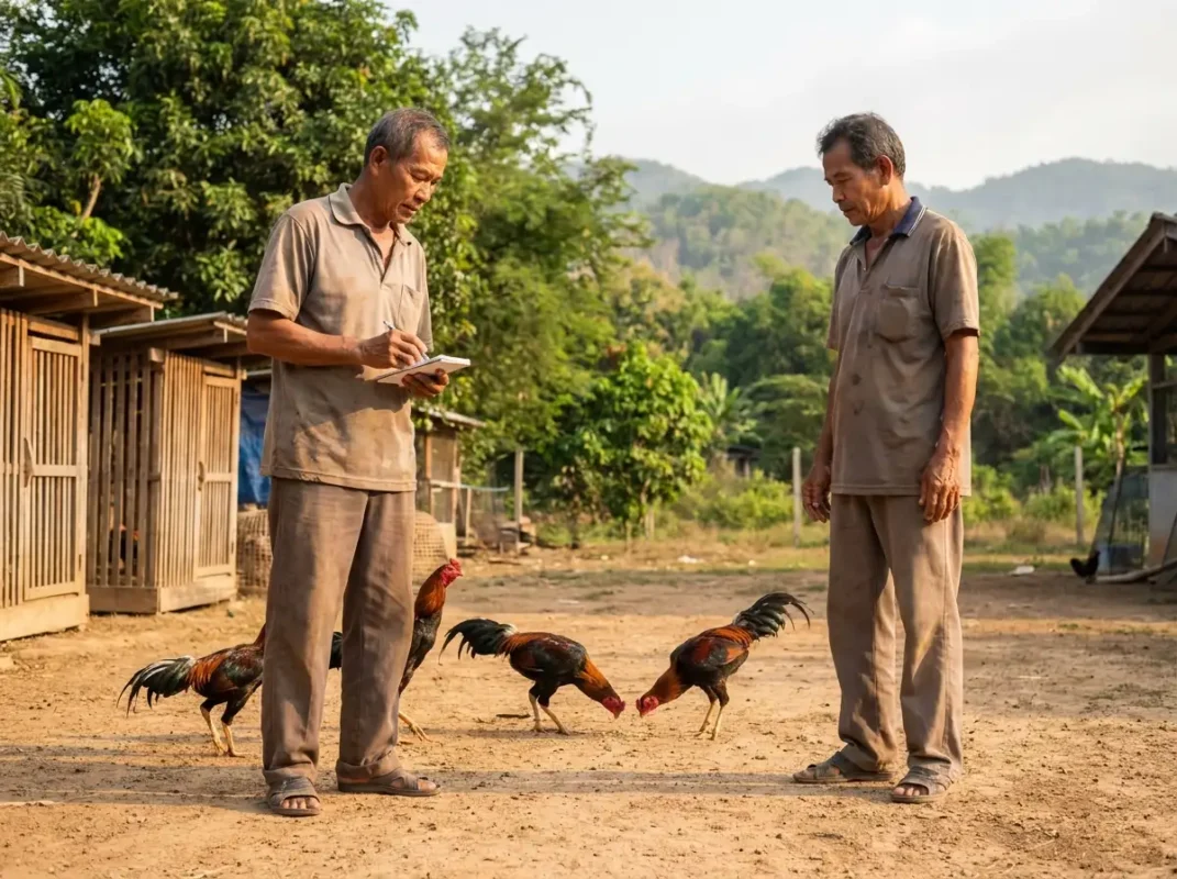 เจ้าของฟาร์มกำลังพิจารณาเลือกสายพันธุ์ไก่ชน