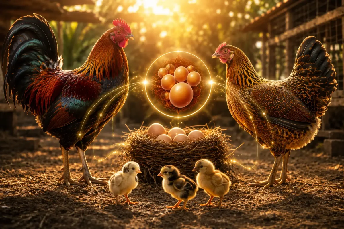 พ่อพันธุ์และแม่พันธุ์ไก่ชนที่มีความสมบูรณ์พร้อมสำหรับการเพาะพันธุ์