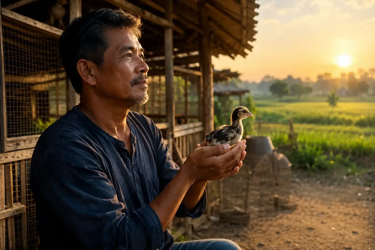 คนเลี้ยงไก่ชนกำลังอุ้มลูกไก่มองแสงเช้า สื่อถึงอนาคตของไก่เก่ง