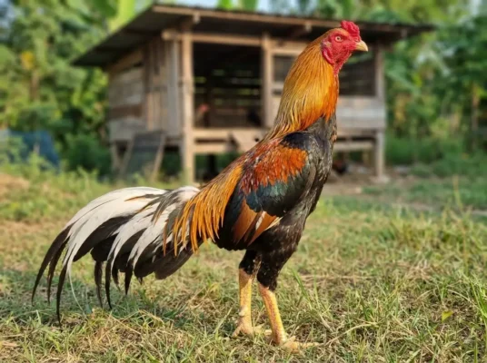ไก่ชนไทยสง่างามยืนอยู่ในฟาร์มชนบท