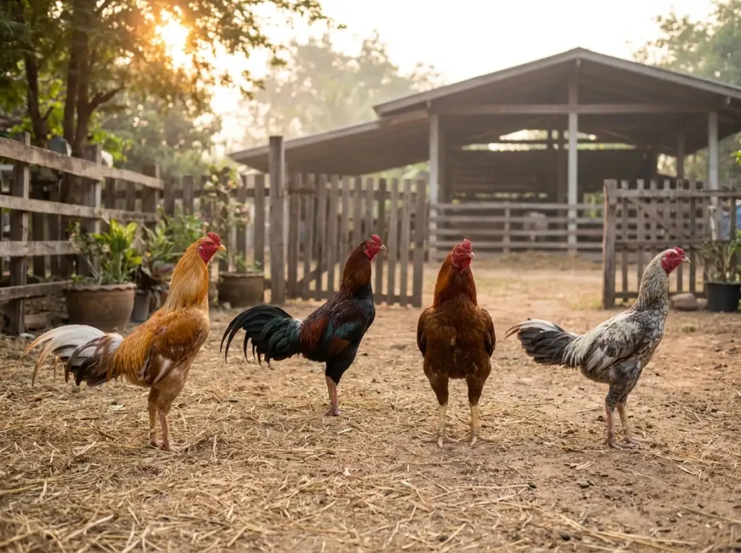 ไก่ชนหลายสายพันธุ์ยืนรวมกันในฟาร์ม