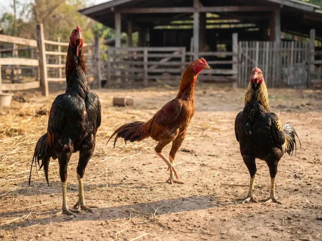 ไก่ชนแสดงลักษณะเชิงชนที่แตกต่างกัน