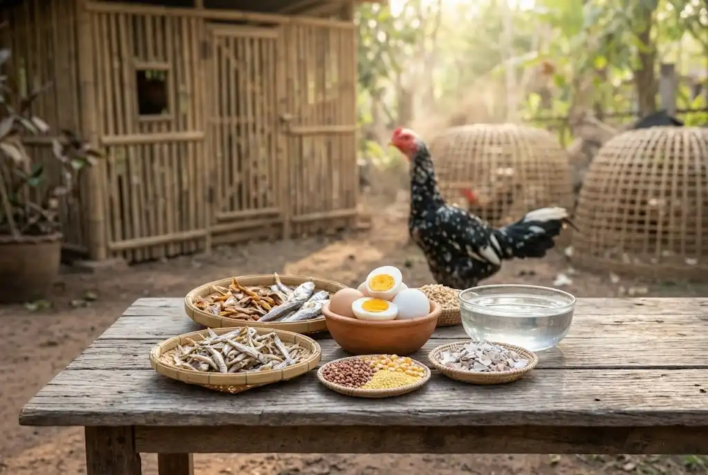 อาหารบำรุงแม่พันธุ์ไก่ชนก่อนผสม เช่น โปรตีน แคลเซียม และน้ำสะอาด