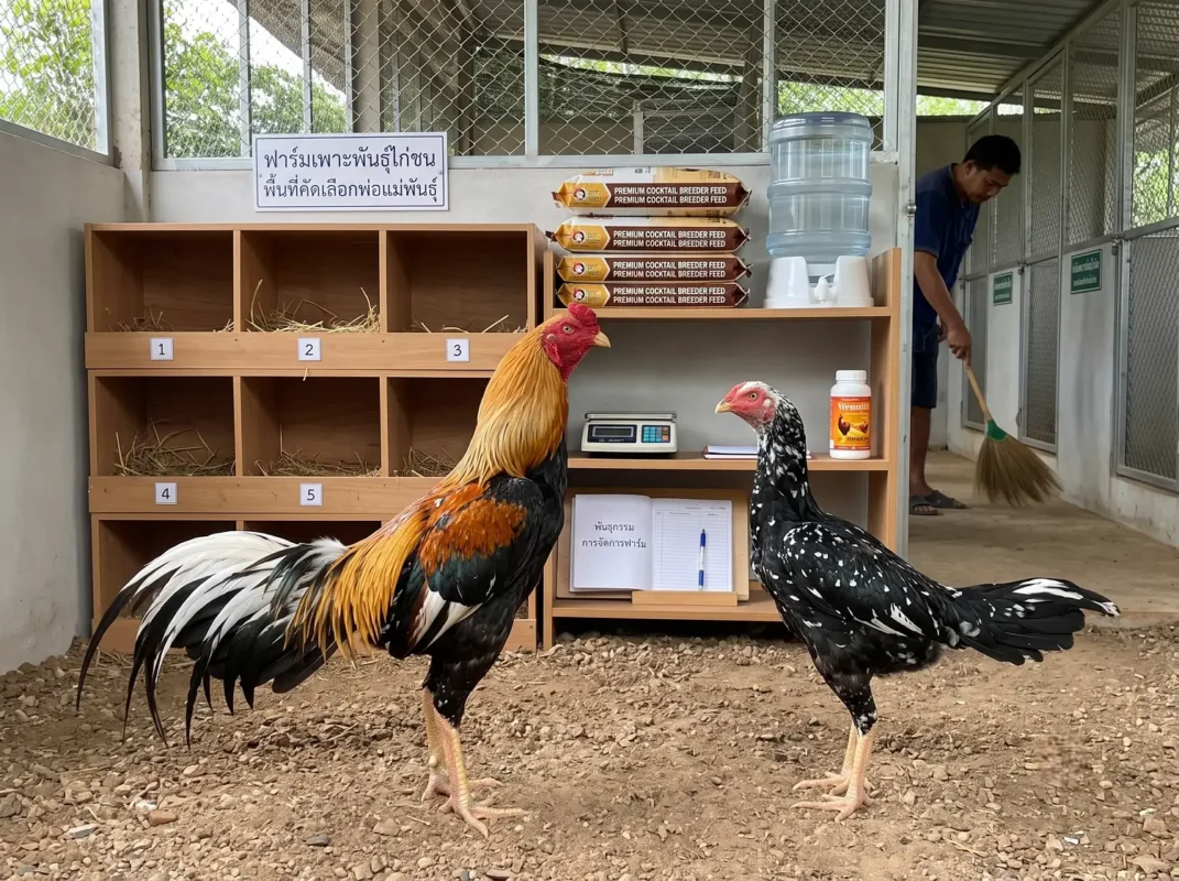 ภาพพ่อพันธุ์และแม่พันธุ์ไก่ชนสุขภาพดียืนอยู่ในฟาร์มเพาะพันธุ์ที่สะอาด