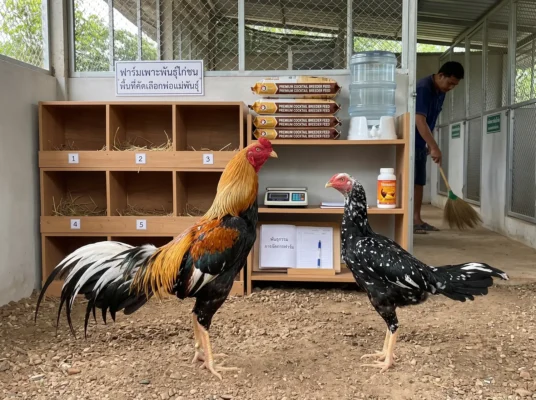 ภาพพ่อพันธุ์และแม่พันธุ์ไก่ชนสุขภาพดียืนอยู่ในฟาร์มเพาะพันธุ์ที่สะอาด