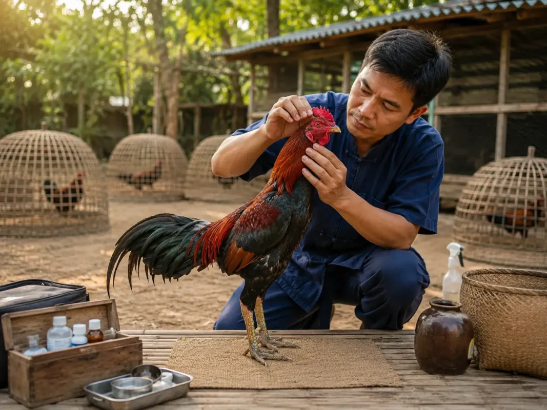 ภาพเจ้าของกำลังตรวจสุขภาพไก่ชนในฟาร์มสะอาด สื่อถึงการดูแลโรคไก่ชนและการป้องกันปัญหาสุขภาพ