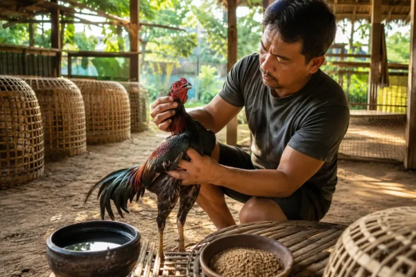 เจ้าของไก่ชนกำลังตรวจสุขภาพไก่ก่อนฝึกซ้อม