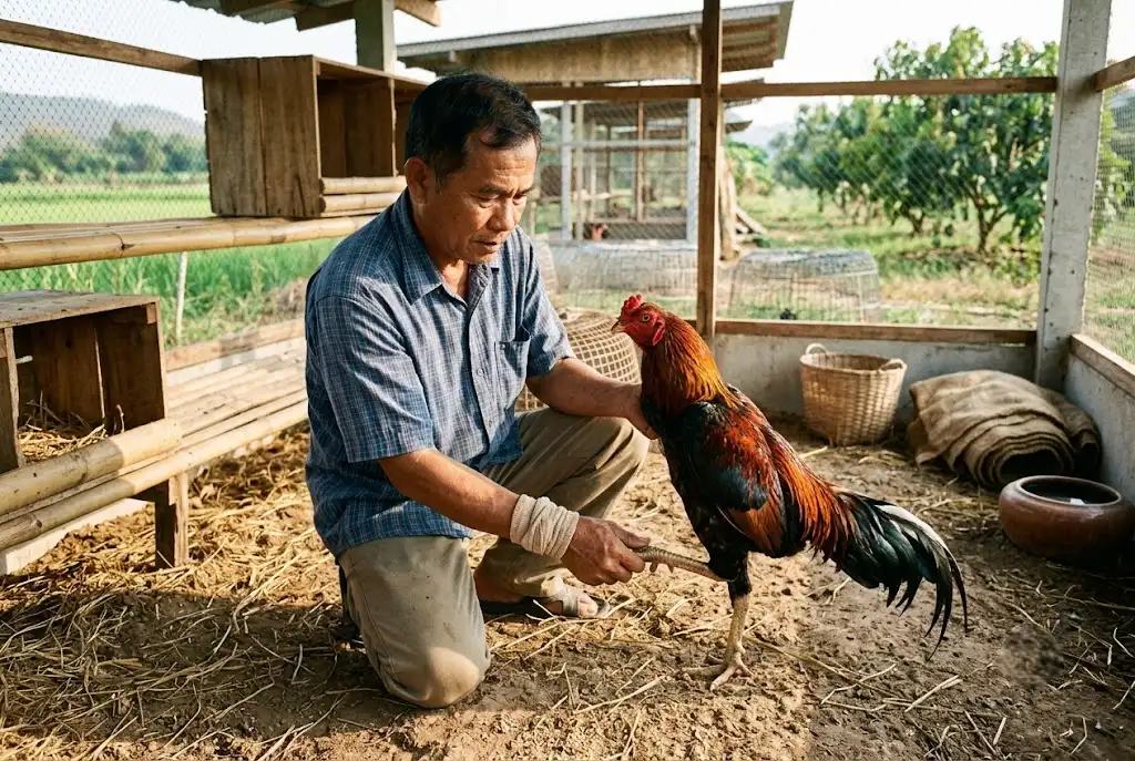 เจ้าของกำลังสังเกตอาการและสุขภาพของไก่ชนอย่างใกล้ชิด