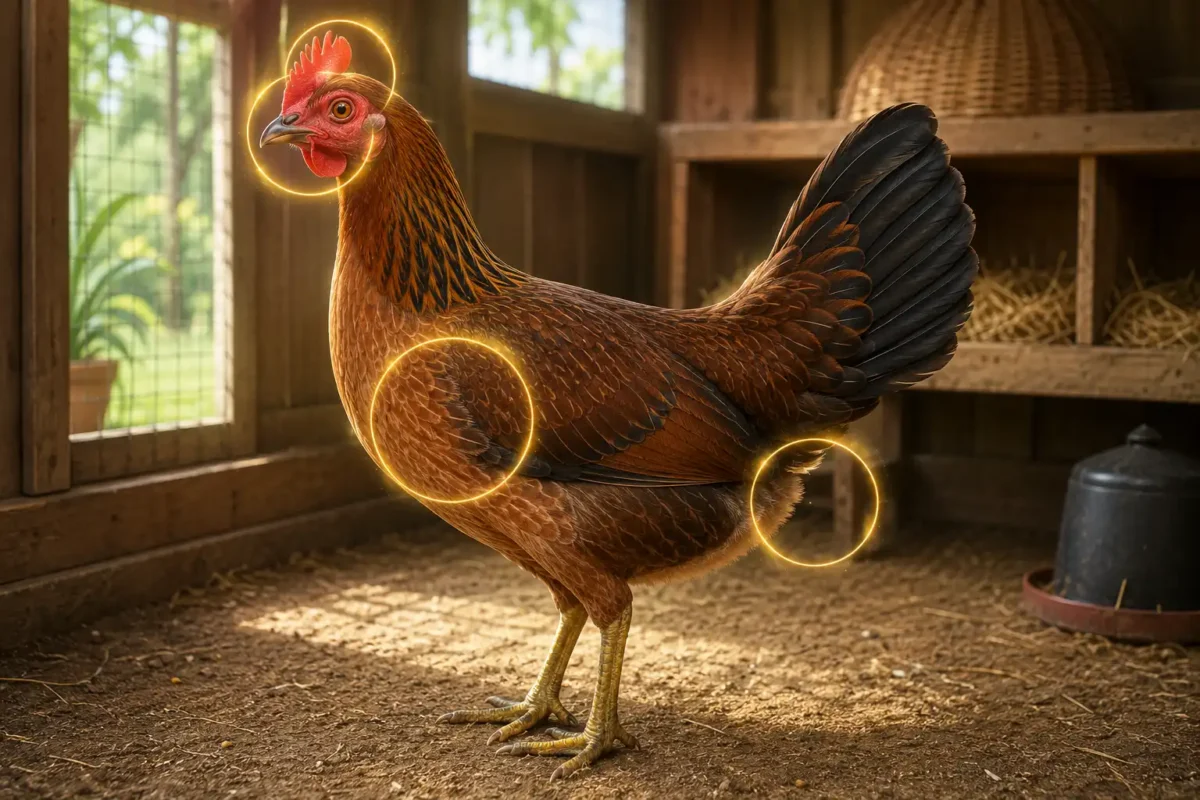 สัญญาณภายนอกของแม่พันธุ์ไก่ชนที่พร้อมผสม เช่น หงอนแดง หน้าแดง และก้นขยาย