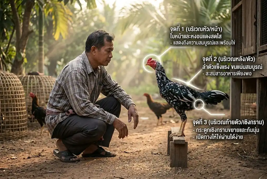 สัญญาณภายนอกของแม่พันธุ์ไก่ชนที่พร้อมผสม เช่น หงอนแดง หน้าแดง และก้นขยาย