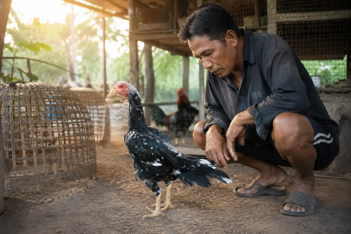 คนเลี้ยงกำลังสังเกตความพร้อมของแม่พันธุ์ไก่ชนก่อนผสม