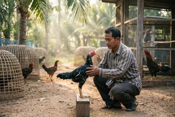 คนเลี้ยงกำลังสังเกตความพร้อมของแม่พันธุ์ไก่ชนก่อนผสม