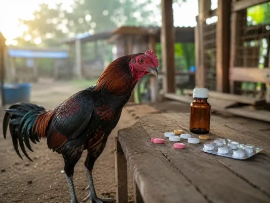 ไก่ชนยืนมองยาเม็ดบนโต๊ะไม้ สื่อถึงการใช้ยาถ่ายพยาธิคนกับไก่ชน