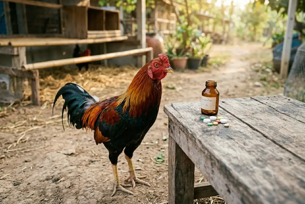 ไก่ชนยืนมองยาเม็ดบนโต๊ะไม้ สื่อถึงการใช้ยาถ่ายพยาธิคนกับไก่ชน
