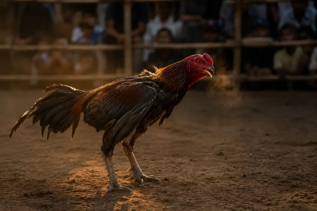 ไก่ชนกำลังยืนหอบช่วงท้ายเกม สื่อถึงปัญหาหมดแรงท้ายอันในไก่ชน