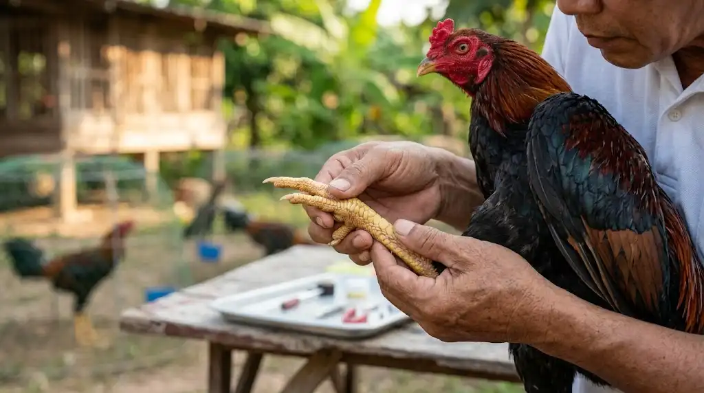 เจ้าของกำลังตรวจสุขภาพเกล็ดแข้งไก่ชน