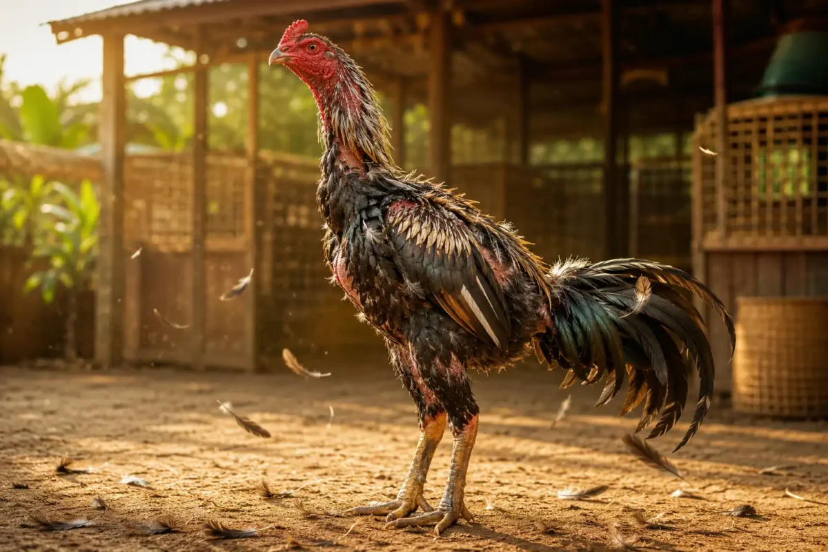 ไก่ชนกำลังผลัดขนและมีขนใหม่งอกขึ้นอย่างสมบูรณ์
