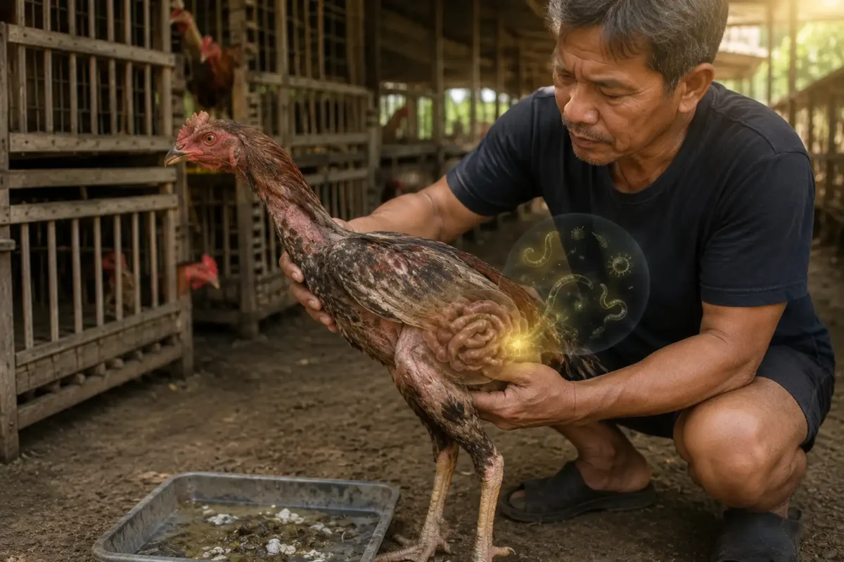 เซียนไก่กำลังตรวจไก่ชนที่ขนหมองและสุขภาพไม่สมบูรณ์