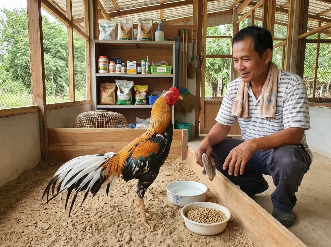 ภาพไก่ชนสุขภาพดียืนอยู่ในเล้าที่สะอาด มีอาหาร น้ำสะอาด และการดูแลอย่างเหมาะสม