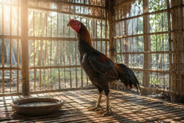 ไก่ชนกำลังพักฟื้นในสุ่มช่วงเช้าอย่างสงบ
