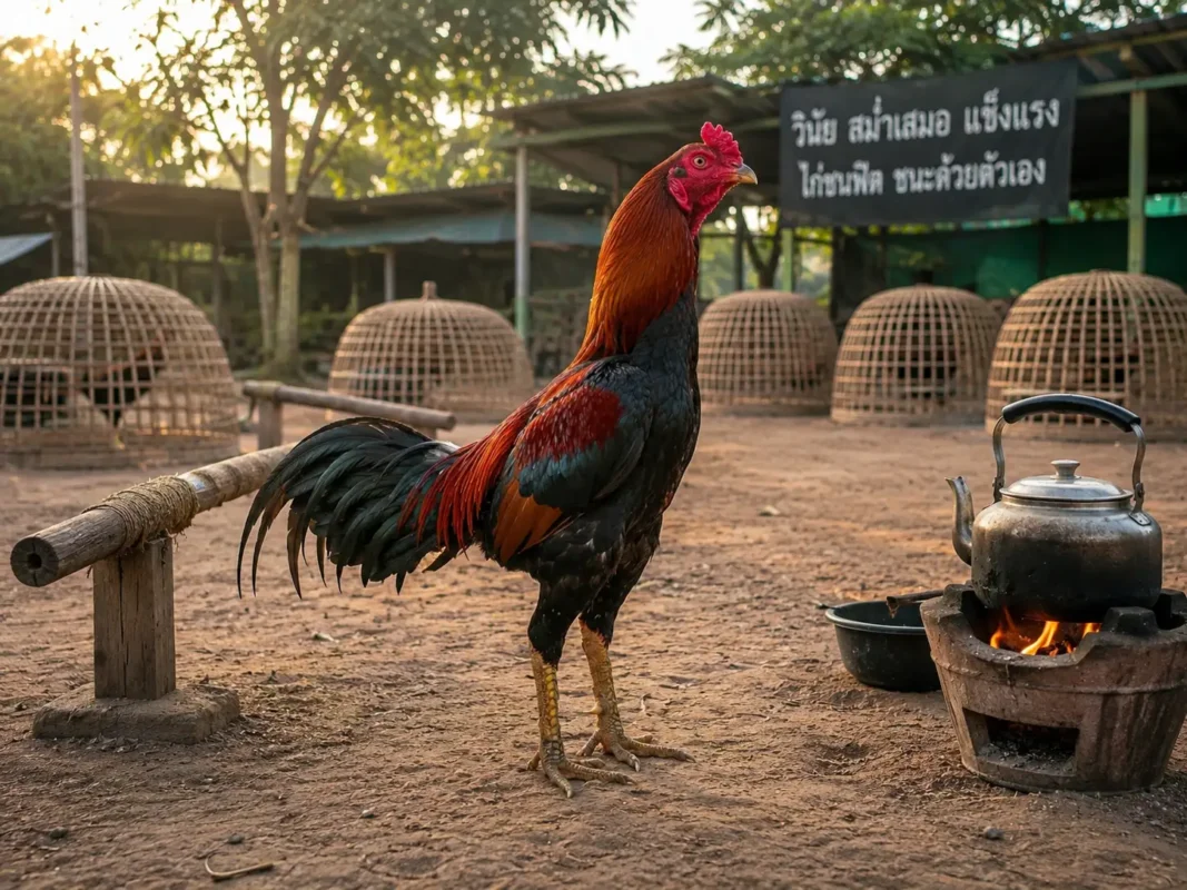ภาพไก่ชนรูปร่างแข็งแรงยืนอยู่ในลานฝึกสะอาด สื่อถึงการฝึกไก่ชนเพื่อความฟิตและสุขภาพ
