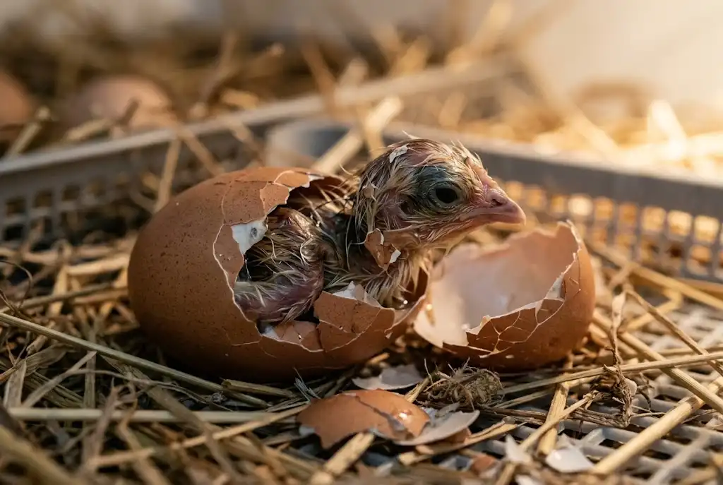 ลูกไก่ชนกำลังเจาะเปลือกไข่ออกจากฟอง