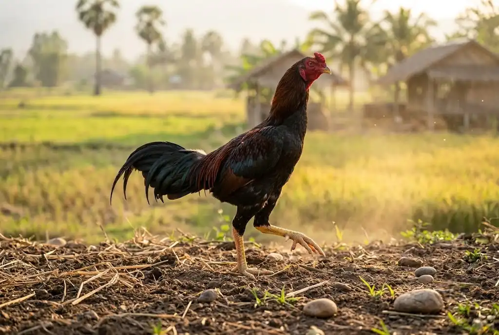 ไก่ชนสุขภาพดีที่มีขาแข็งแรงและเกล็ดแข้งสมบูรณ์