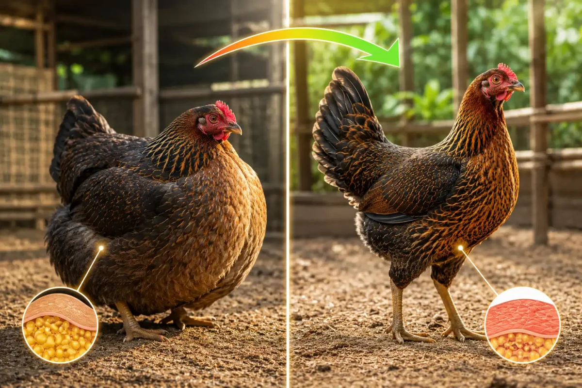 เปรียบเทียบแม่พันธุ์ไก่ชนอ้วนเกินไปกับแม่พันธุ์ที่สมบูรณ์พอดี