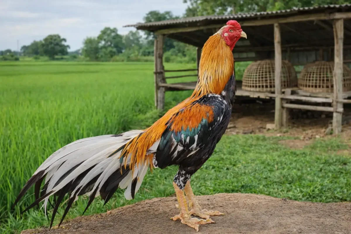 ไก่เหลืองหางขาวยืนสง่างามในสนามหญ้า